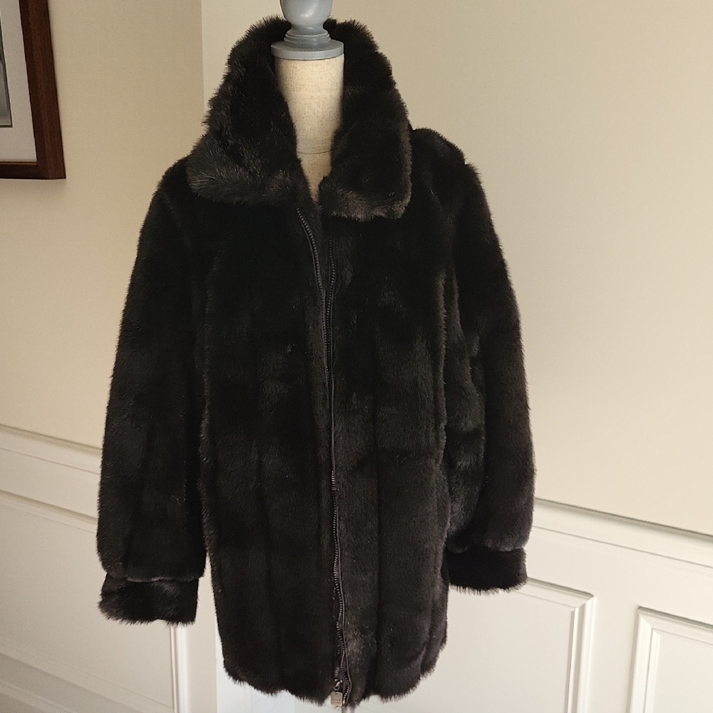 Dennis Basso Rich Black Faux Fur Coat.